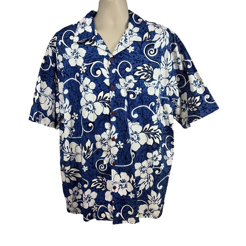 Mens Vintage Blue Floral Hawaiian Aloha Button Up Shirt 3X Pocket USA Cotton